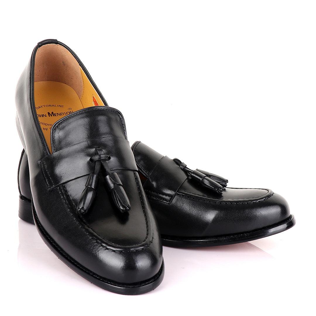 John Mendson Black Tassel Strap Leather Loafers - Obeezi