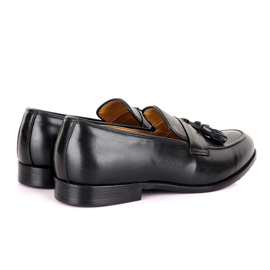 John Mendson Black Tassel Strap Leather Loafers - Obeezi