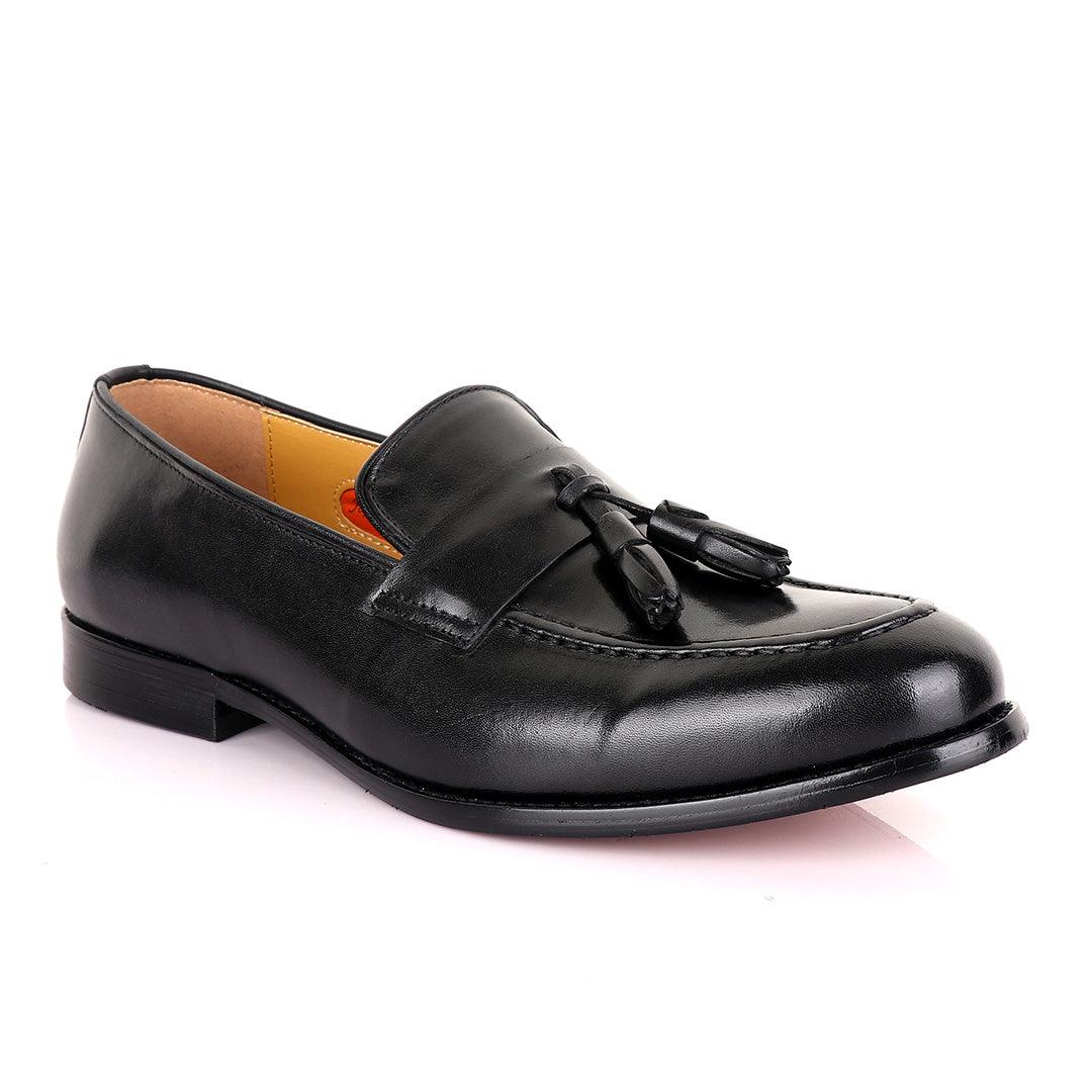 John Mendson Black Tassel Strap Leather Loafers - Obeezi
