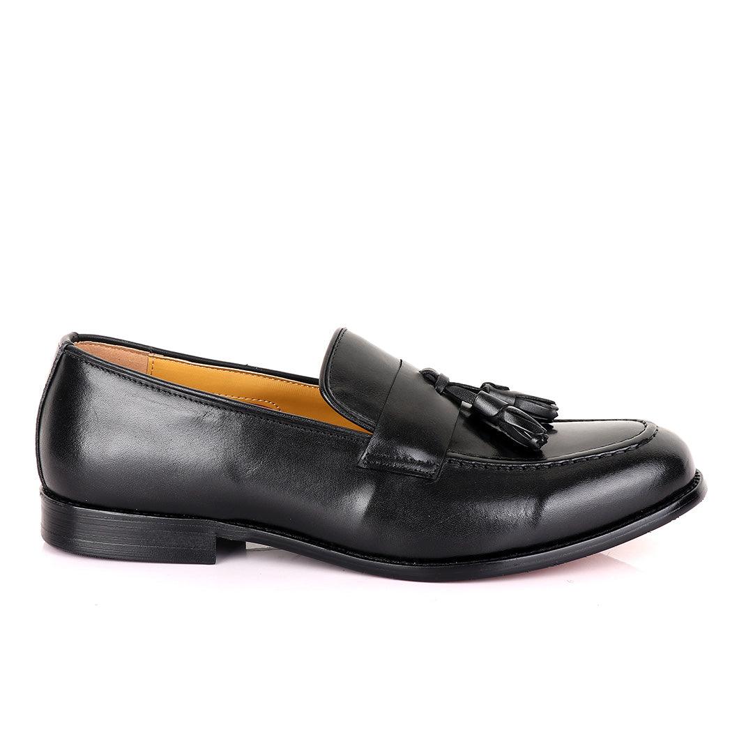 John Mendson Black Tassel Strap Leather Loafers - Obeezi