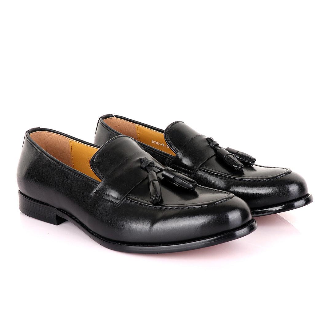 John Mendson Black Tassel Strap Leather Loafers - Obeezi