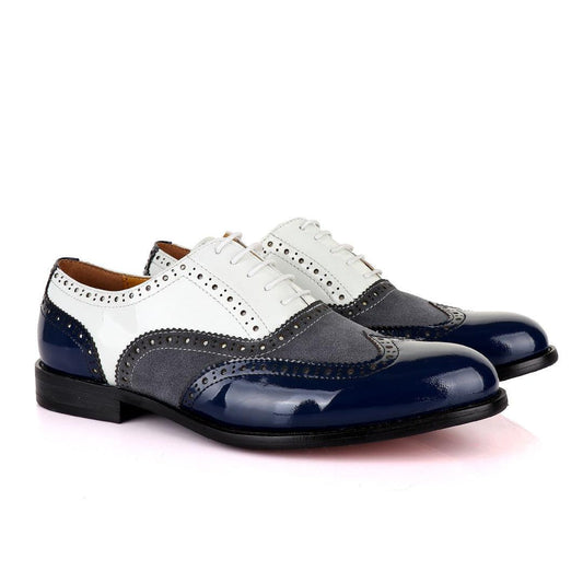 John Mendson Blue White And Grey Oxford Lace up Wet Lips and Suede Shoe. - Obeezi