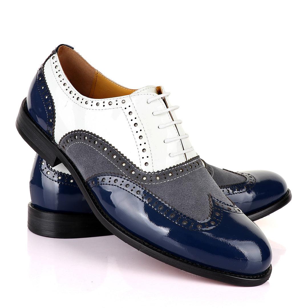 John Mendson Blue White And Grey Oxford Lace up Wet Lips and Suede Shoe. - Obeezi