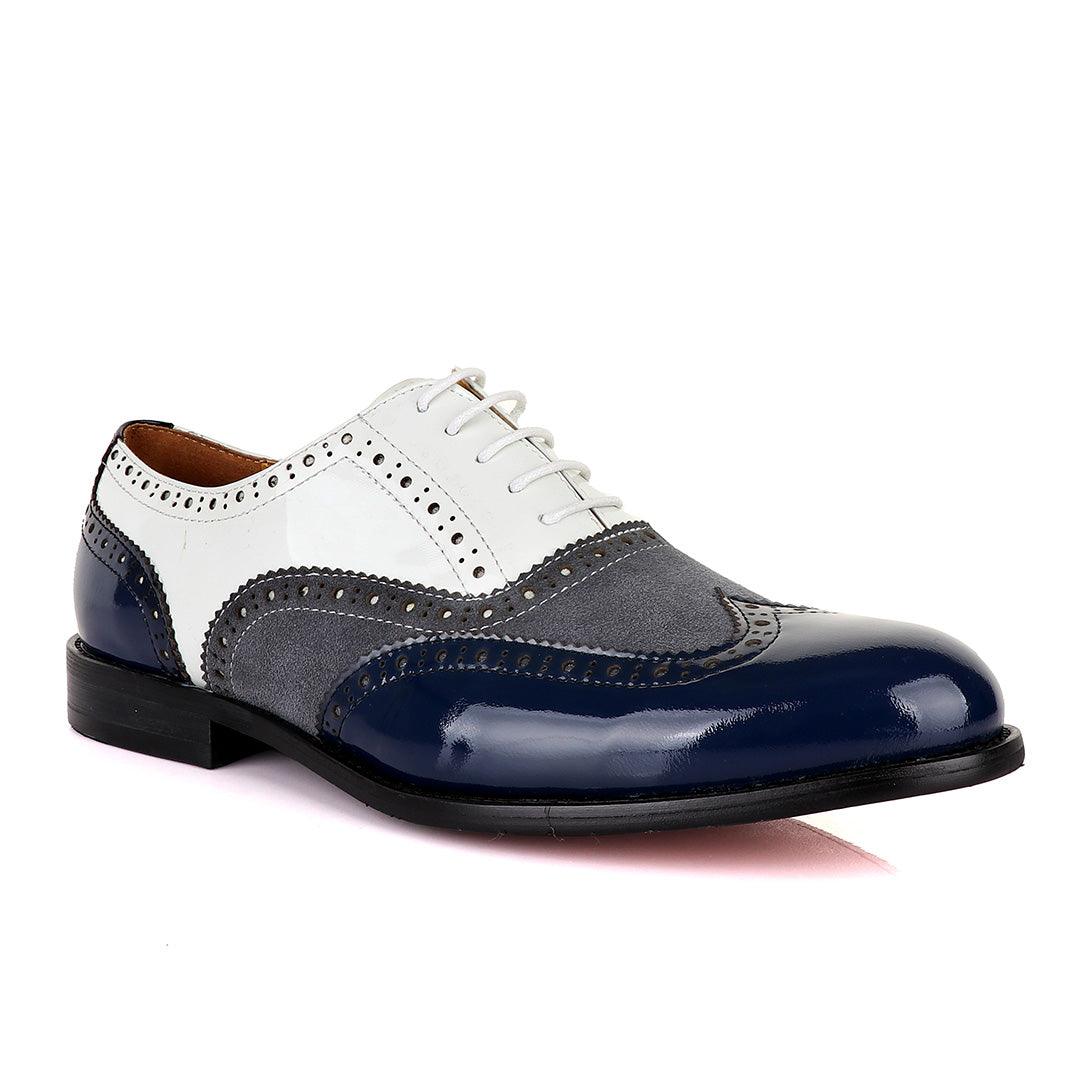 John Mendson Blue White And Grey Oxford Lace up Wet Lips and Suede Shoe. - Obeezi