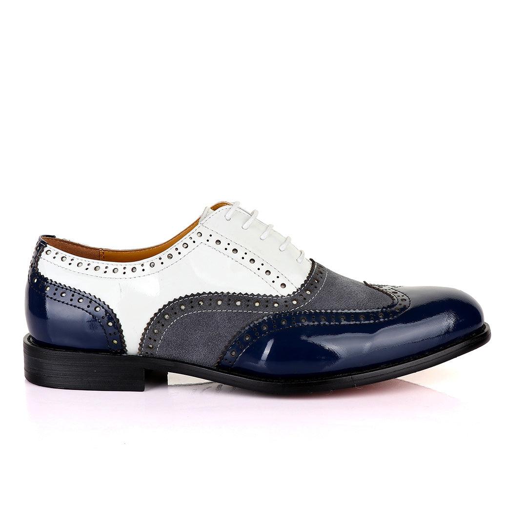 John Mendson Blue White And Grey Oxford Lace up Wet Lips and Suede Shoe. - Obeezi