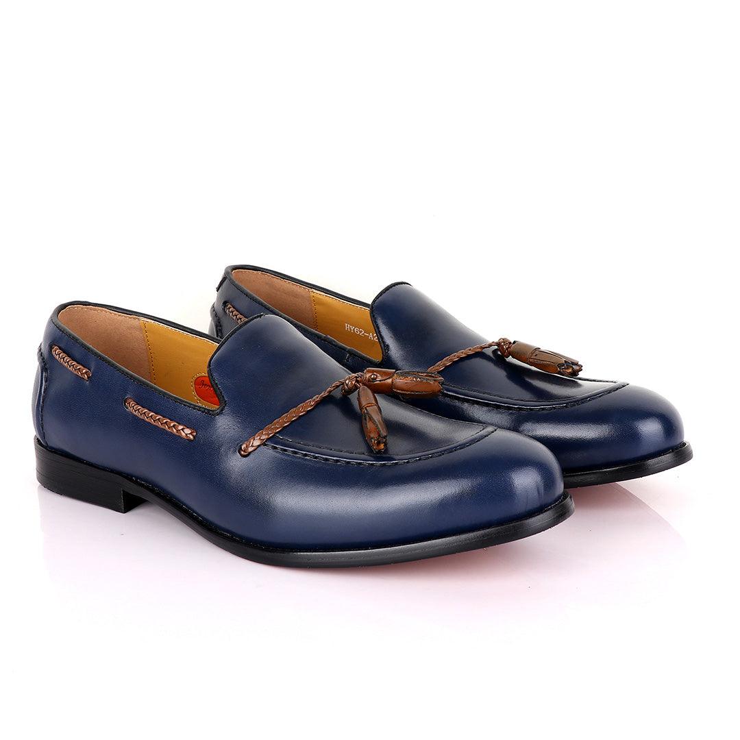 John Mendson Blue with Brown Tassel Loafers - Obeezi