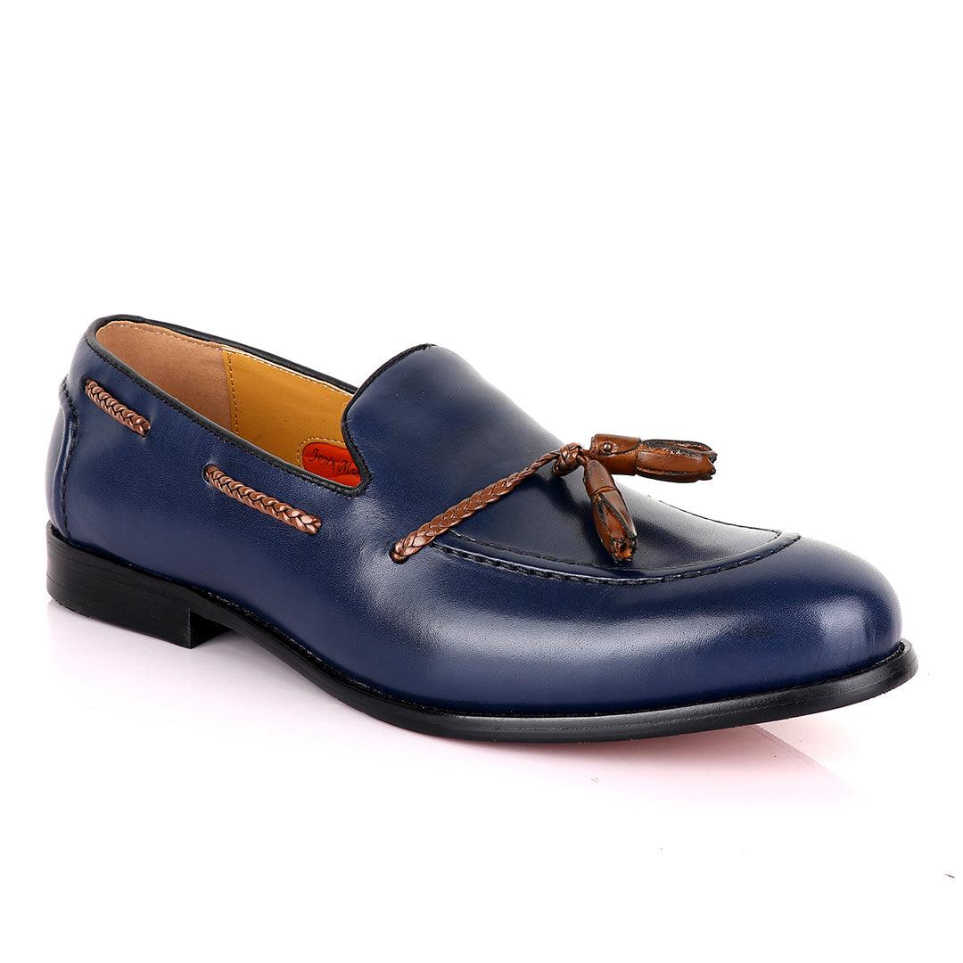 John Mendson Blue with Brown Tassel Loafers - Obeezi