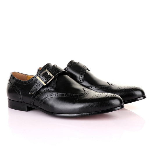 John Mendson Brogues Single Strap Buckle Leather Black Shoe - Obeezi