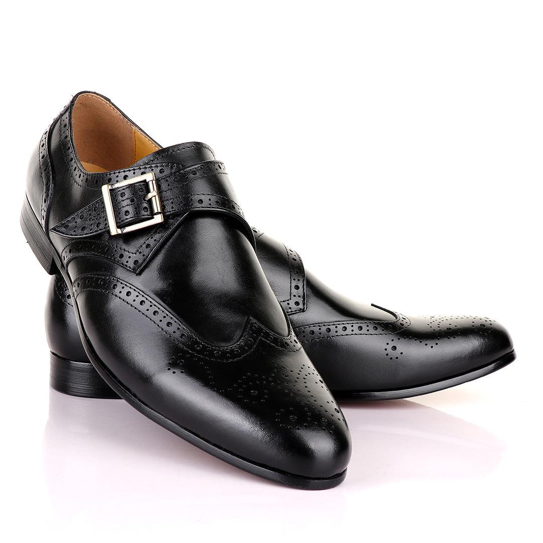 John Mendson Brogues Single Strap Buckle Leather Black Shoe - Obeezi