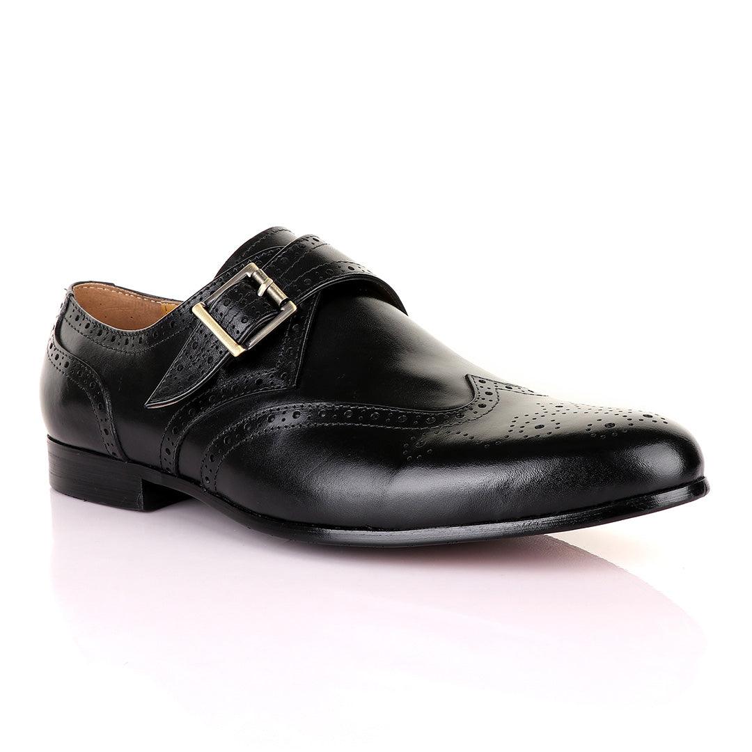 John Mendson Brogues Single Strap Buckle Leather Black Shoe - Obeezi