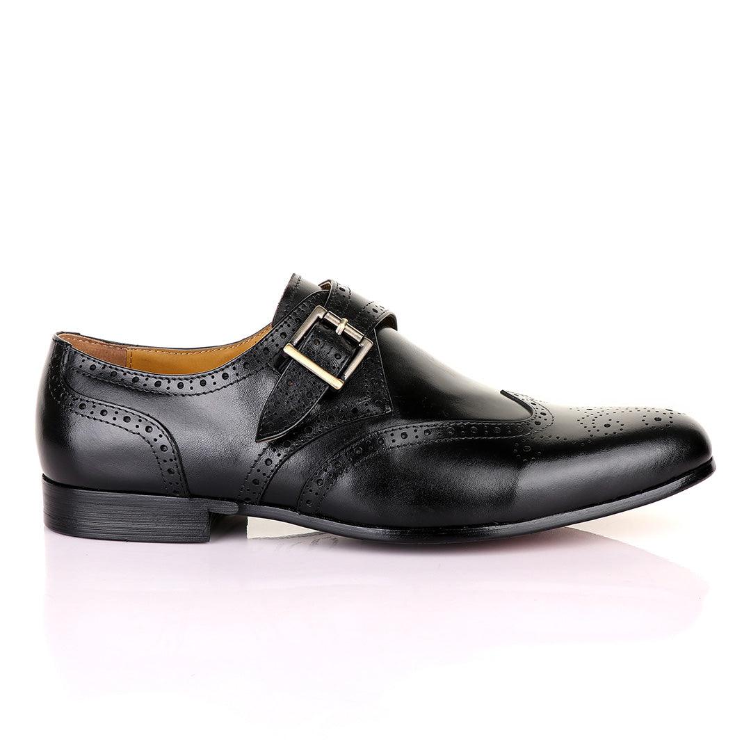 John Mendson Brogues Single Strap Buckle Leather Black Shoe - Obeezi