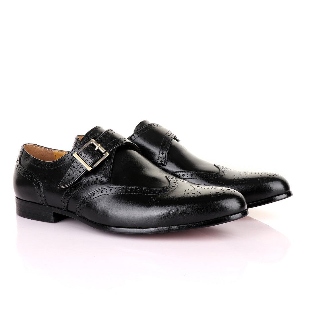 John Mendson Brogues Single Strap Buckle Leather Black Shoe - Obeezi
