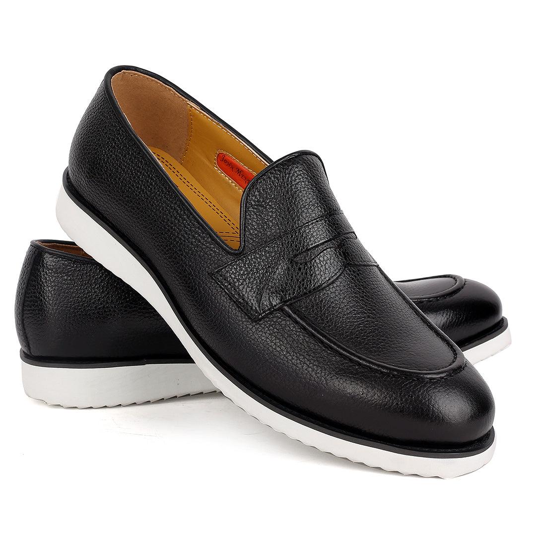 John Mendson Classic Black Leather Shoe With White Solid Sole - Obeezi.com