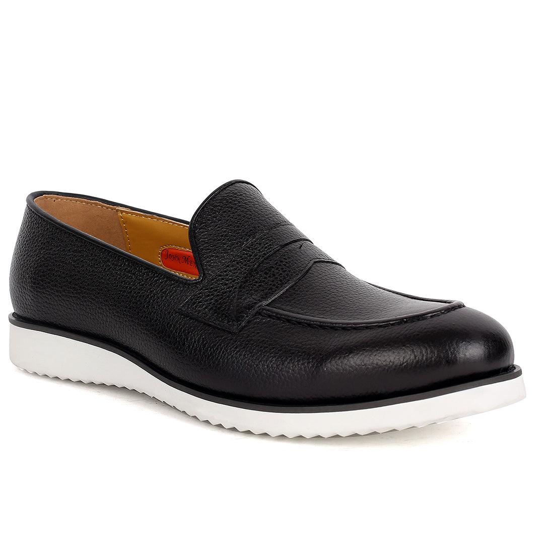 John Mendson Classic Black Leather Shoe With White Solid Sole - Obeezi.com
