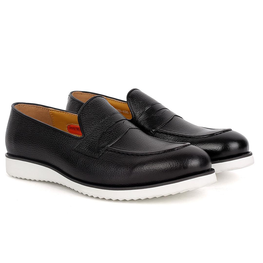 John Mendson Classic Black Leather Shoe With White Solid Sole - Obeezi.com
