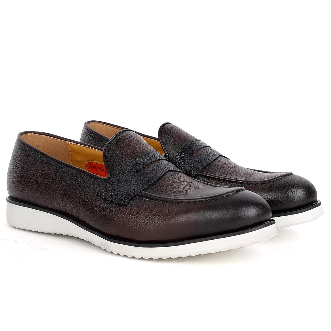 John Mendson Classic Coffee Leather Shoe With White Solid Sole - Obeezi.com