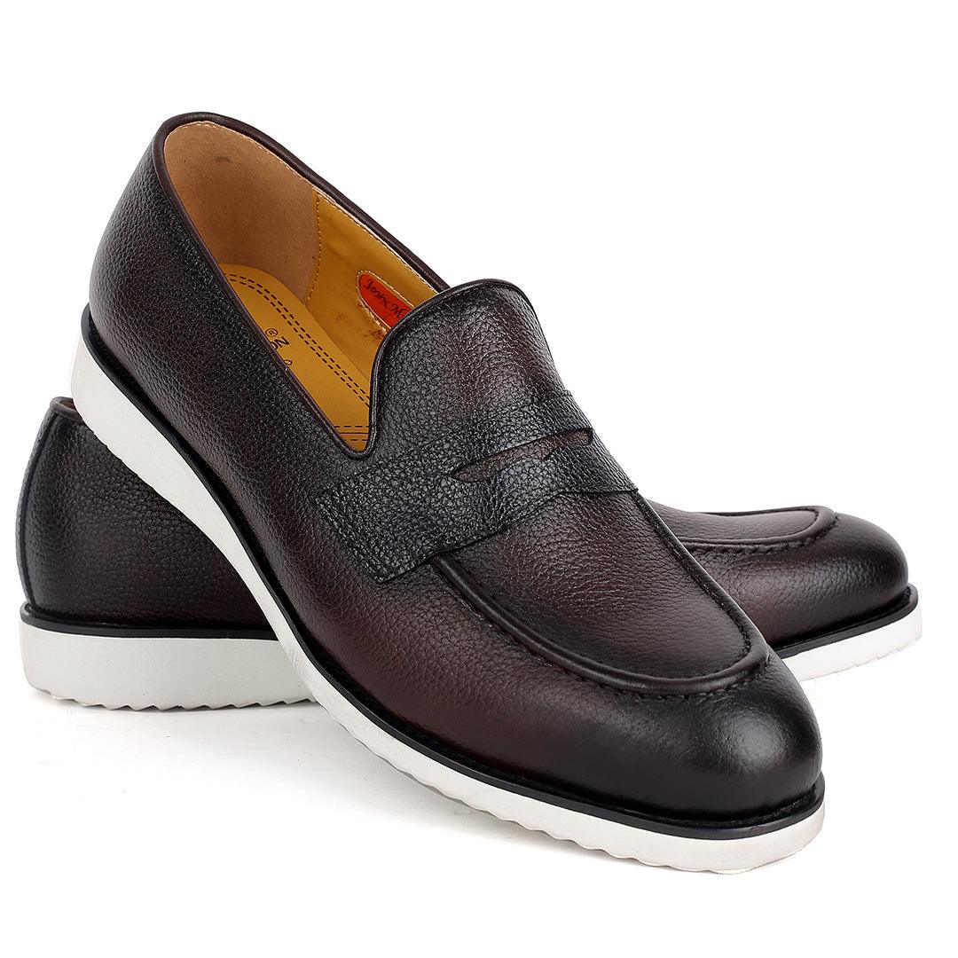John Mendson Classic Coffee Leather Shoe With White Solid Sole - Obeezi.com