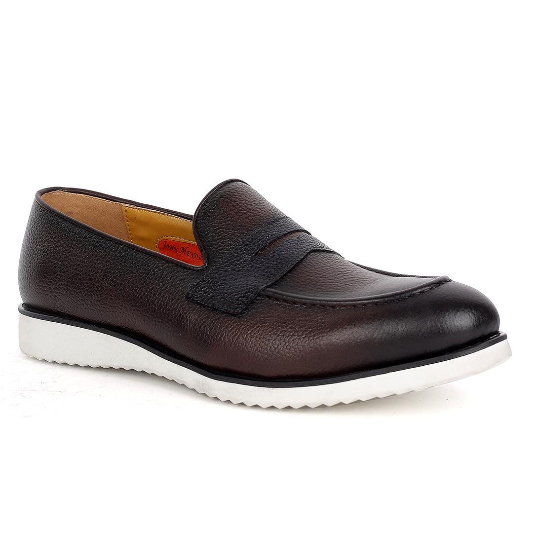 John Mendson Classic Coffee Leather Shoe With White Solid Sole - Obeezi.com