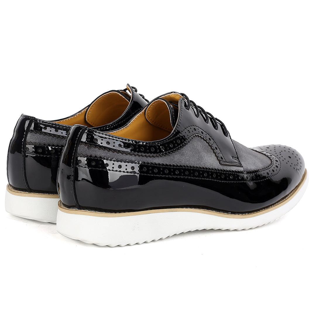 John Mendson Classic Men's Black Glossy and Grey Perforated Designed Shoe - Obeezi.com