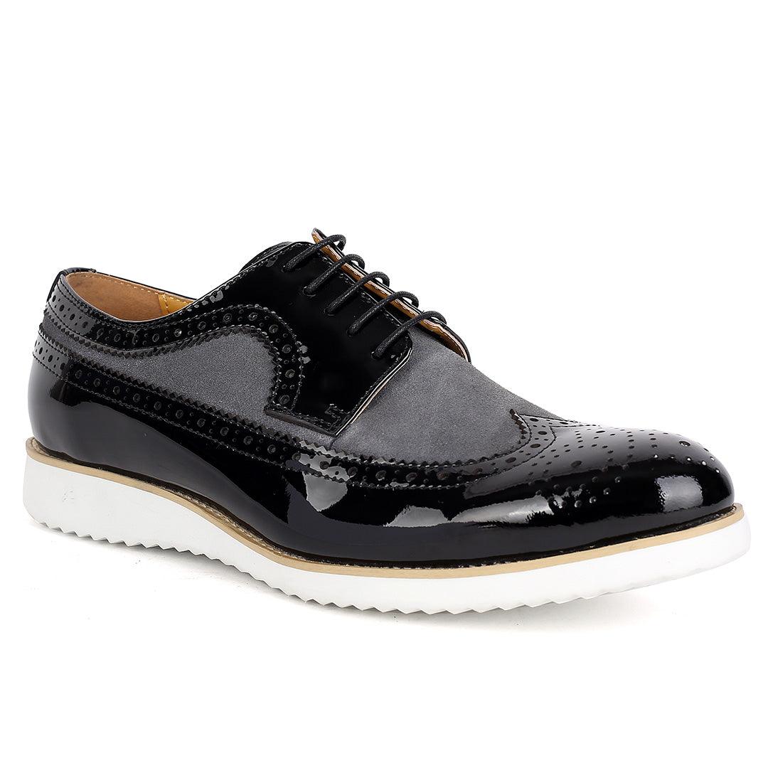 John Mendson Classic Men's Black Glossy and Grey Perforated Designed Shoe - Obeezi.com