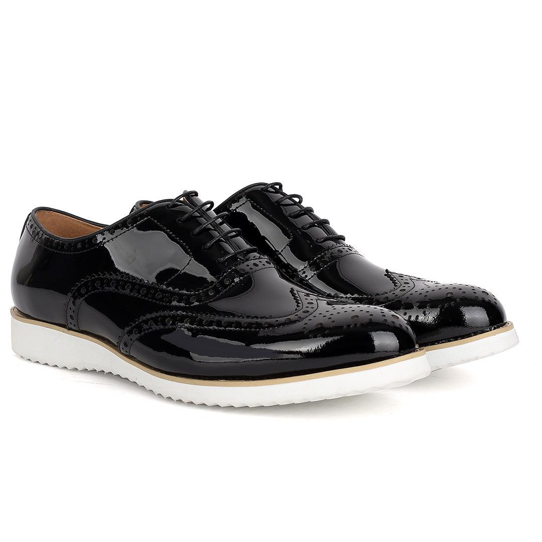 John Mendson Classic Men's Black Glossy Perforated Designed Shoe With Solid White Sole - Obeezi.com