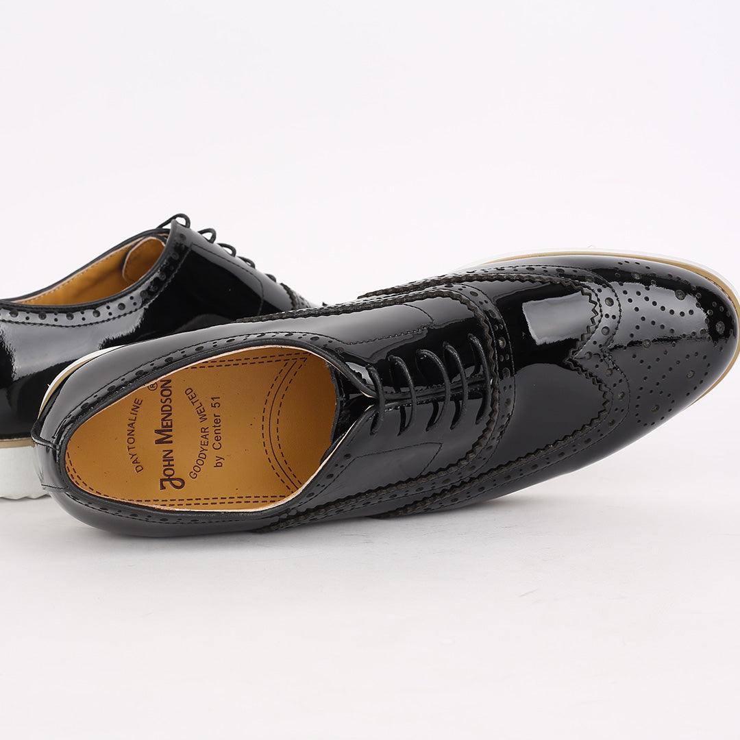 John Mendson Classic Men's Black Glossy Perforated Designed Shoe With Solid White Sole - Obeezi.com