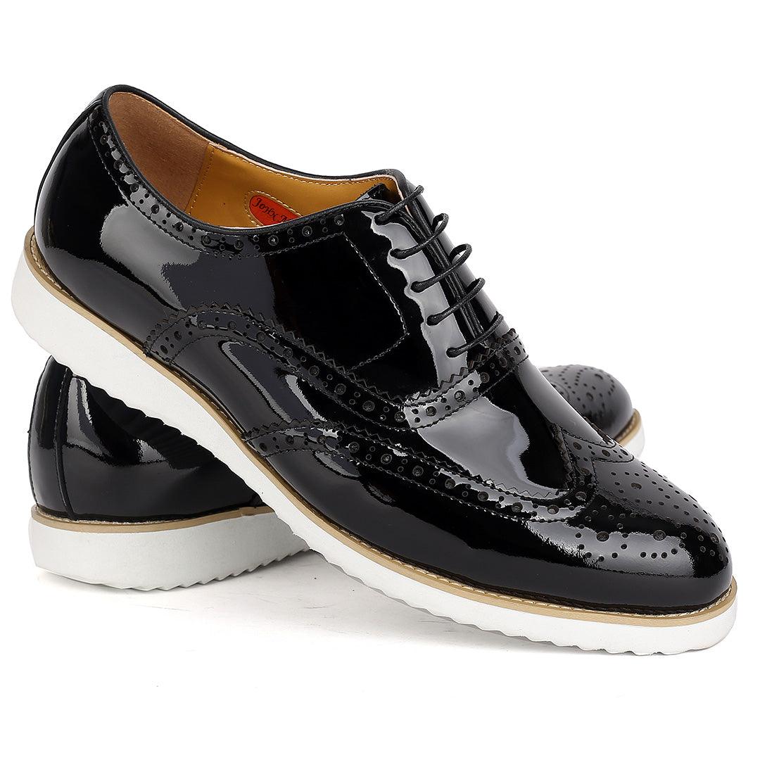 John Mendson Classic Men's Black Glossy Perforated Designed Shoe With Solid White Sole - Obeezi.com
