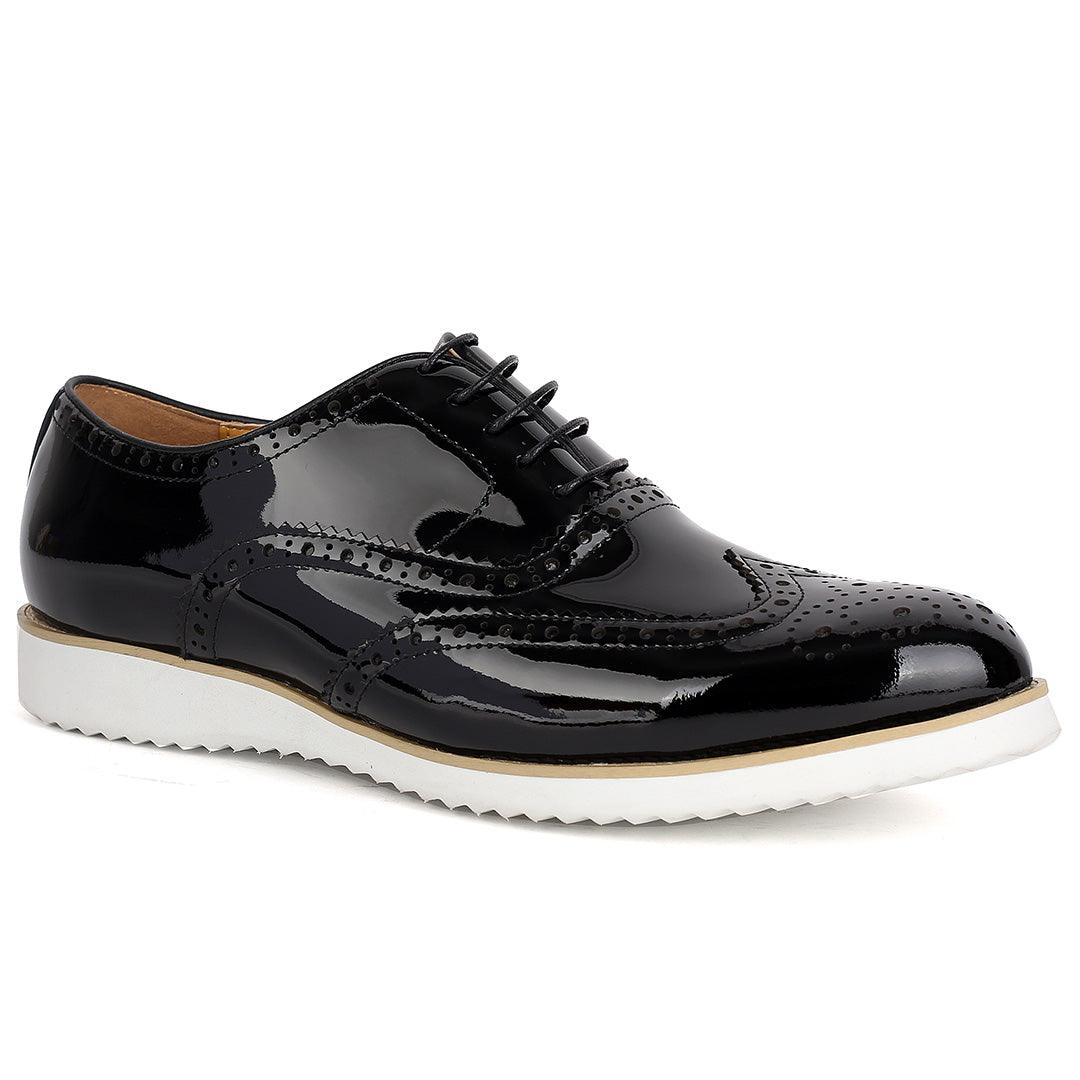 John Mendson Classic Men's Black Glossy Perforated Designed Shoe With Solid White Sole - Obeezi.com