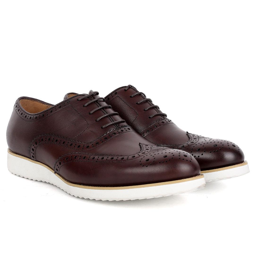 John Mendson Classic Men's Brown Perforated Designed Shoe With Solid White Sole - Obeezi.com