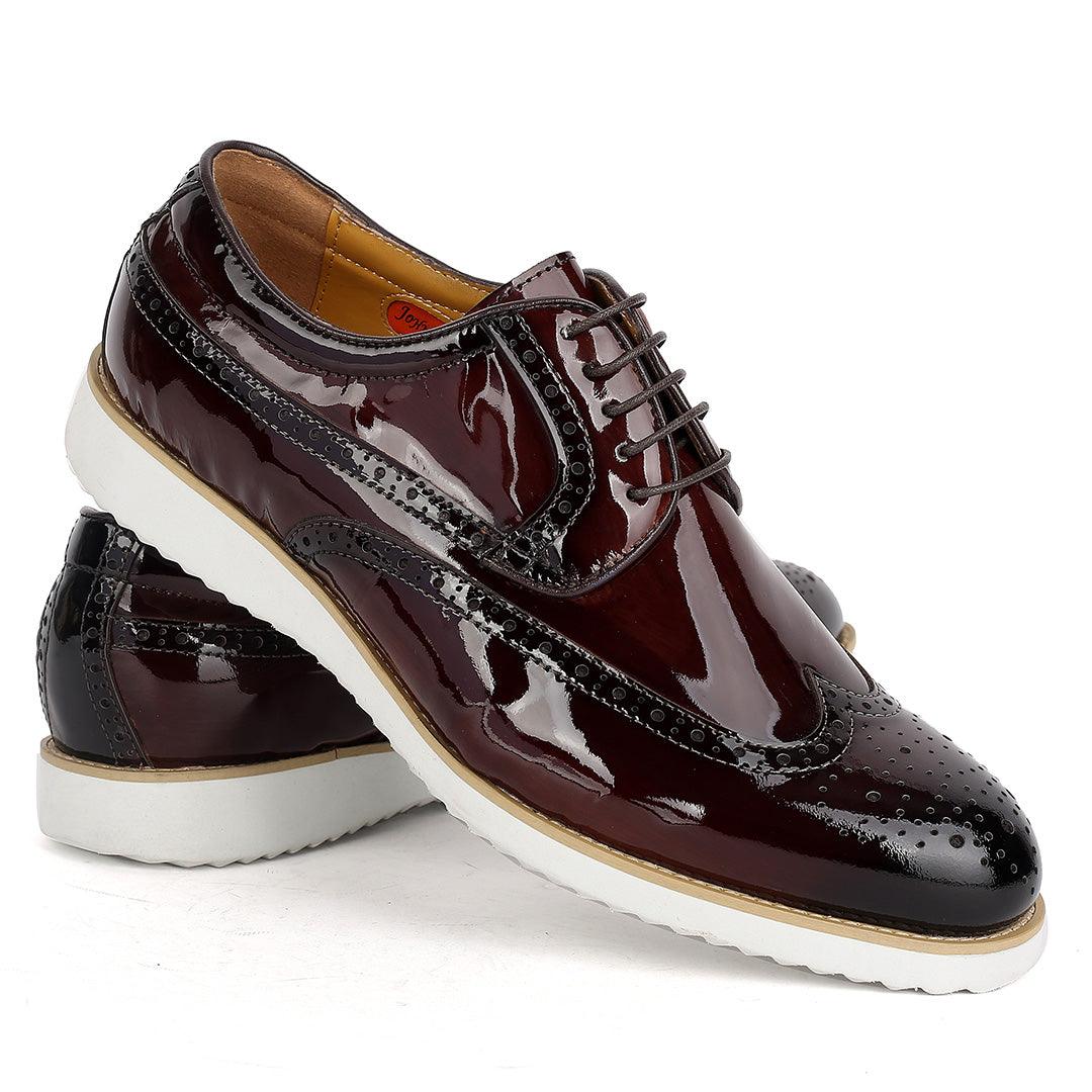 John Mendson Classic Men's Coffee Glossy Perforated Designed Shoe With Solid White Sole - Obeezi.com