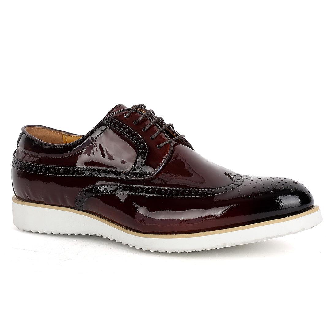 John Mendson Classic Men's Coffee Glossy Perforated Designed Shoe With Solid White Sole - Obeezi.com
