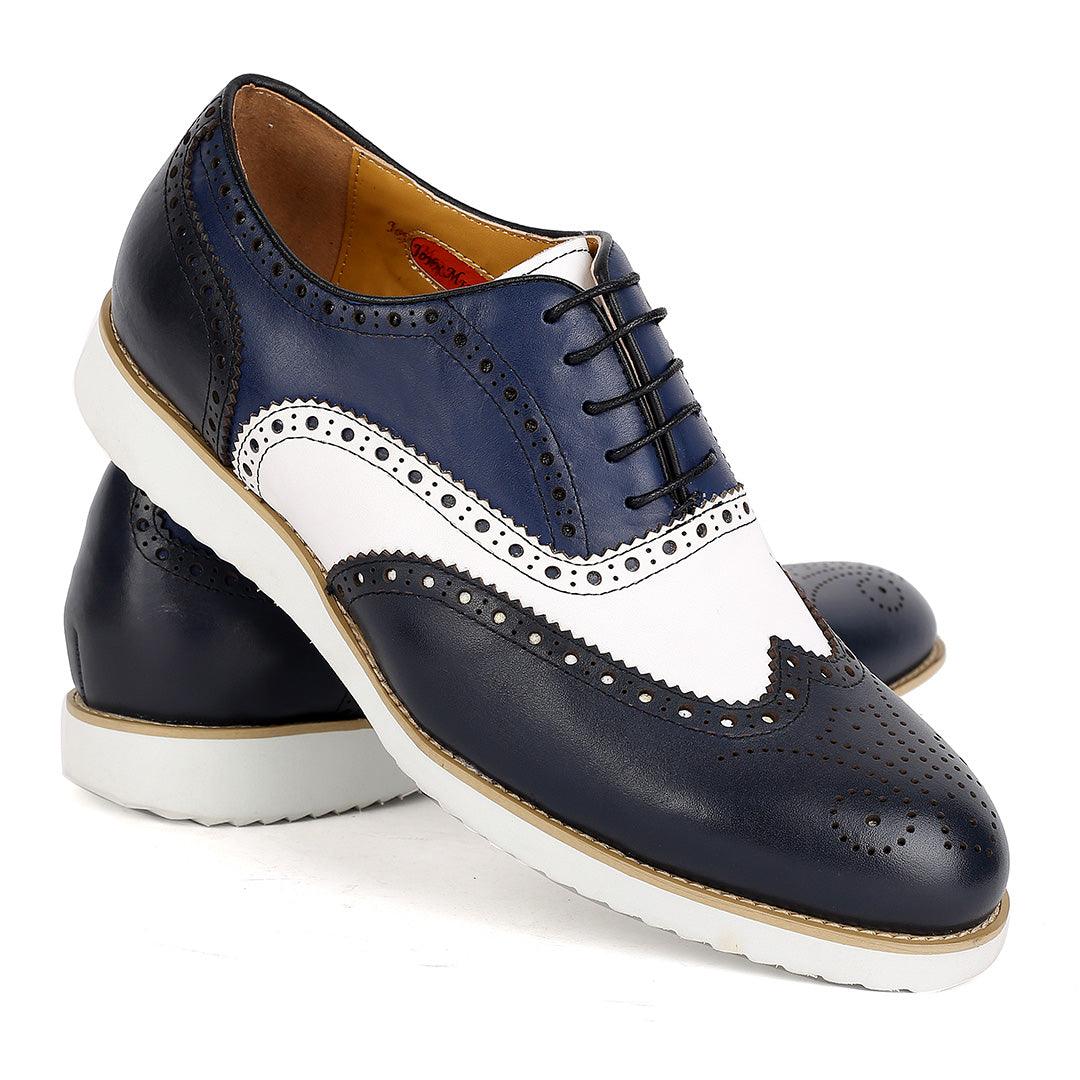 John Mendson Classic Men's Navy-Blue and White Perforated Designed Shoe - Obeezi.com