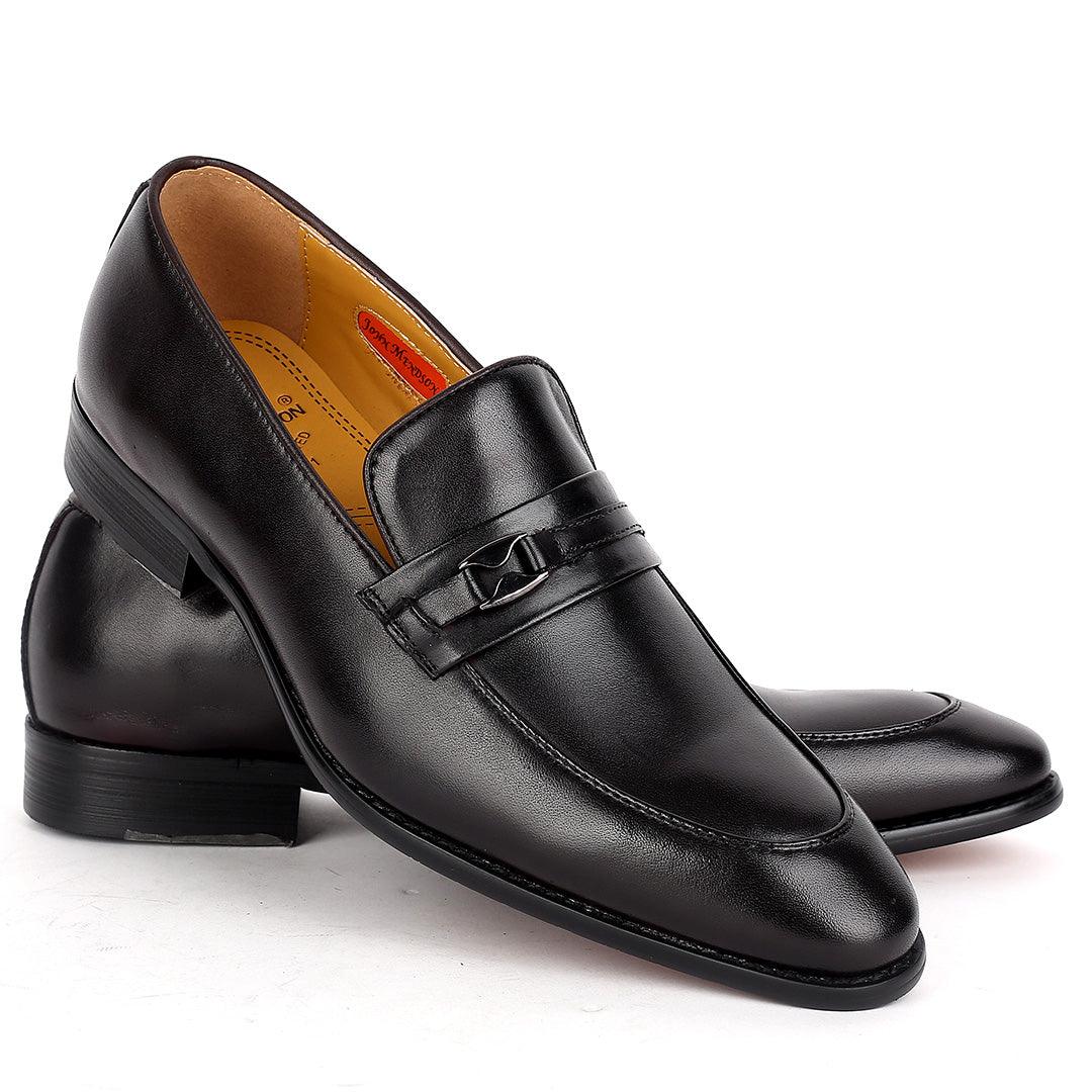 John Mendson Classic Plain BLack Leather Shoe With Black Belt Design - Obeezi.com