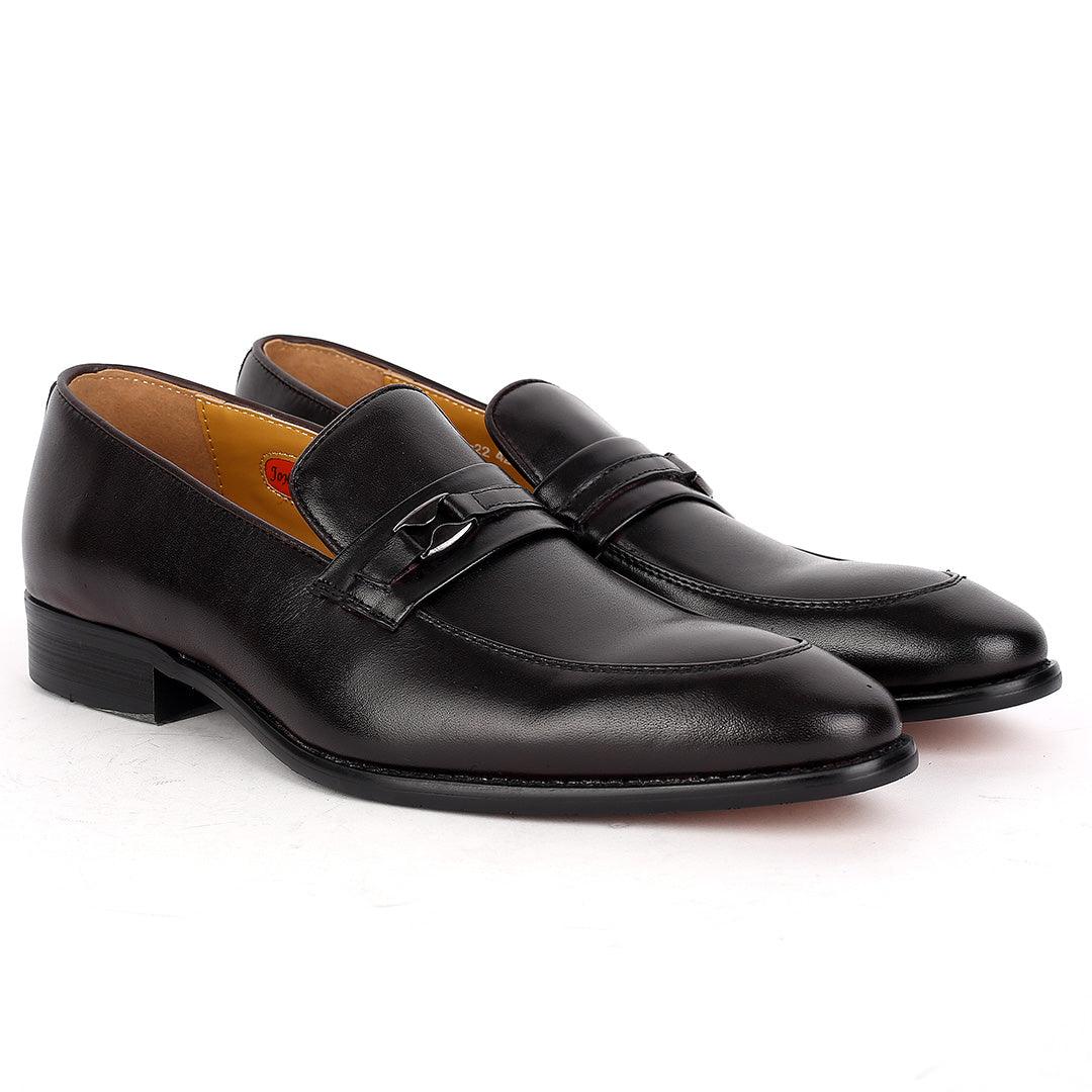 John Mendson Classic Plain BLack Leather Shoe With Black Belt Design - Obeezi.com