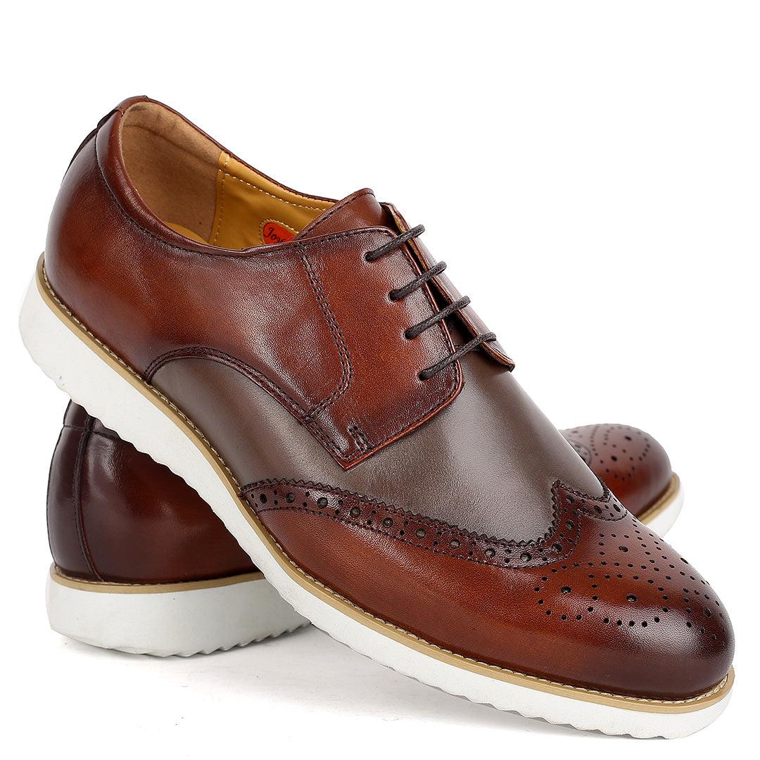 John Mendson Classy Men's Brown Perforated Designed Shoe With Solid White Sole - Obeezi.com