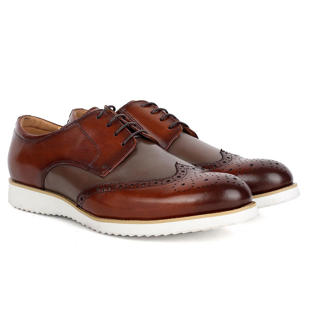 John Mendson Classy Men's Brown Perforated Designed Shoe With Solid White Sole - Obeezi.com