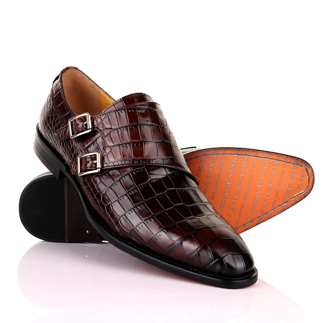 John Mendson Coffee Brown Double Monk Strap Croc Leather Shoe - Obeezi