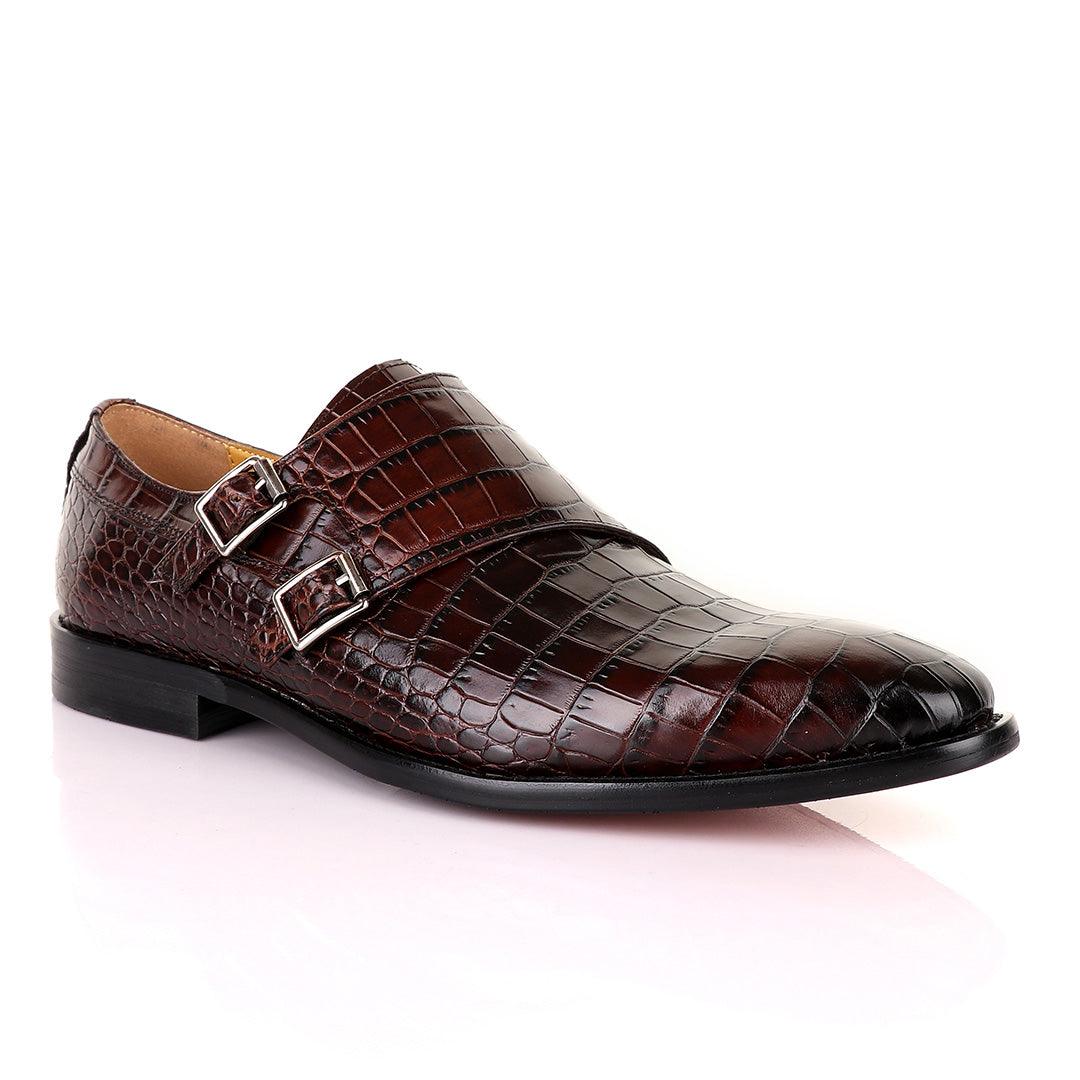John Mendson Coffee Brown Double Monk Strap Croc Leather Shoe - Obeezi