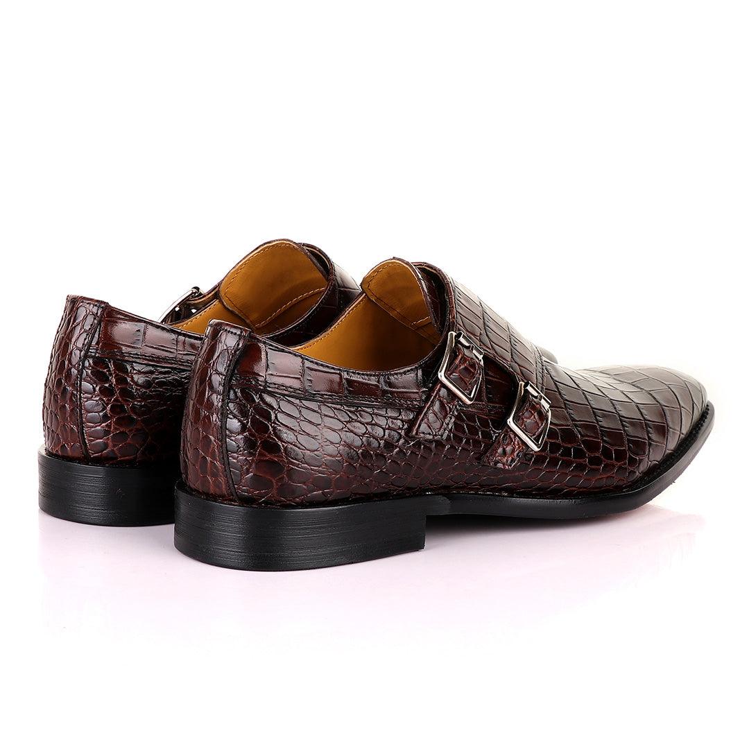 John Mendson Coffee Brown Double Monk Strap Croc Leather Shoe - Obeezi