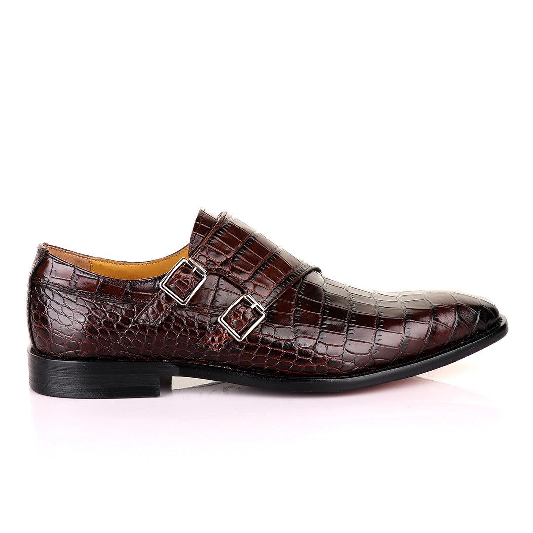 John Mendson Coffee Brown Double Monk Strap Croc Leather Shoe - Obeezi