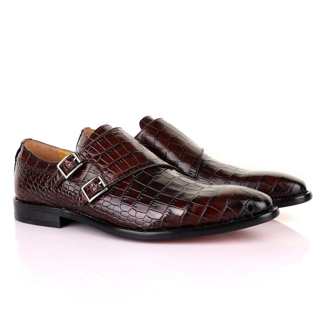 John Mendson Coffee Brown Double Monk Strap Croc Leather Shoe - Obeezi
