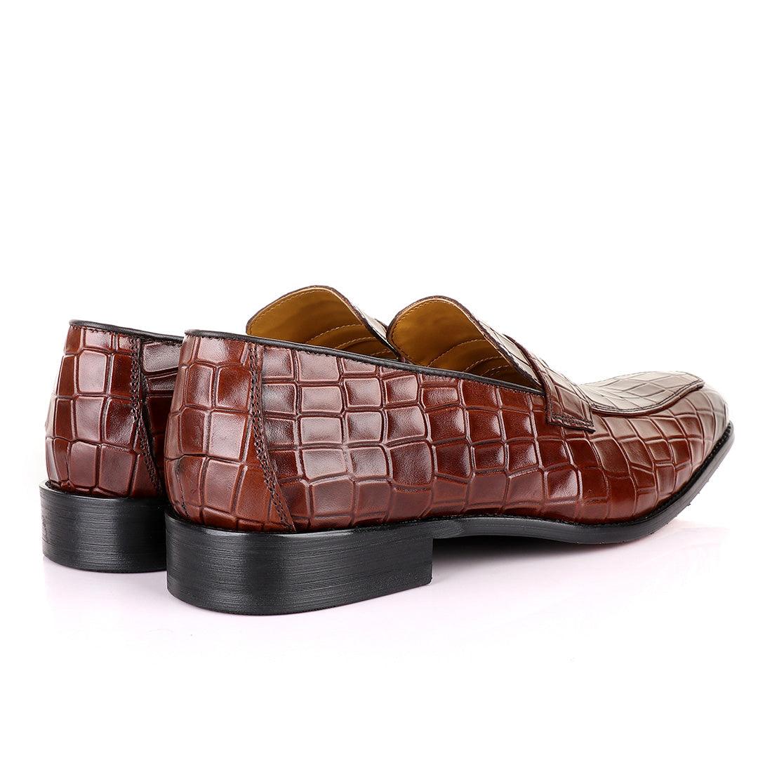 John Mendson Coffee Croc Bit Leather Loafers - Obeezi