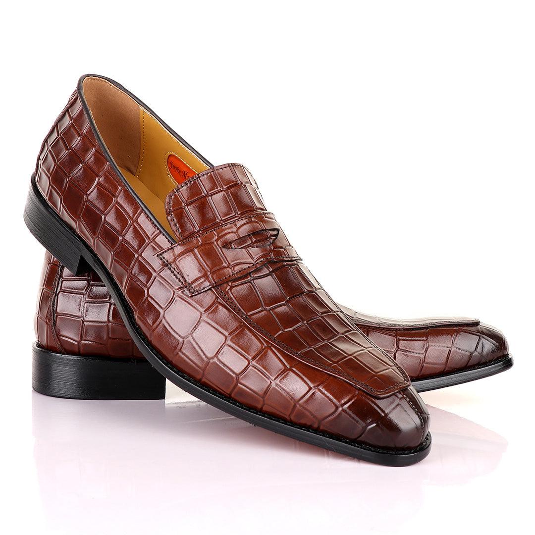 John Mendson Coffee Croc Bit Leather Loafers - Obeezi