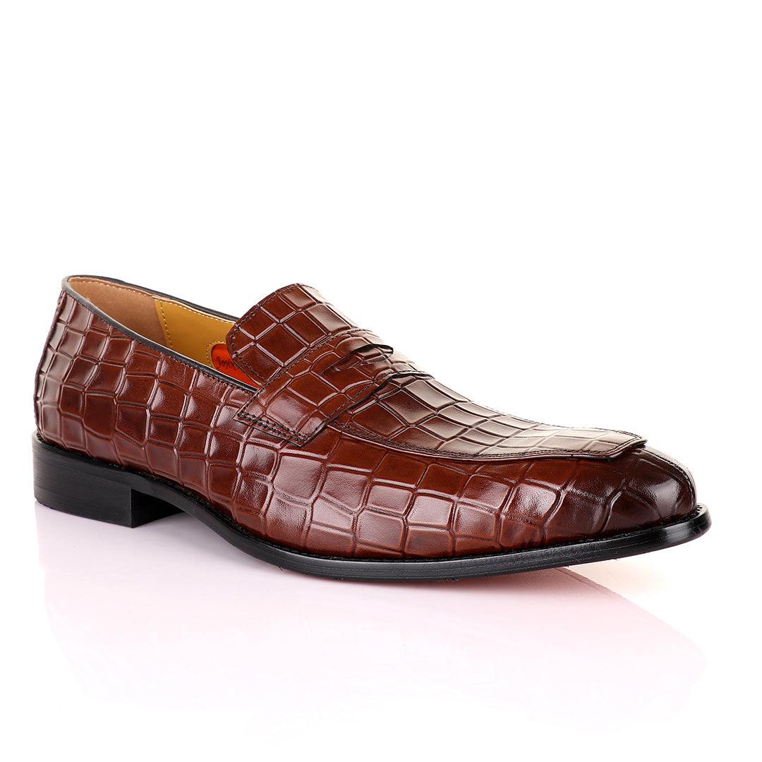 John Mendson Coffee Croc Bit Leather Loafers - Obeezi