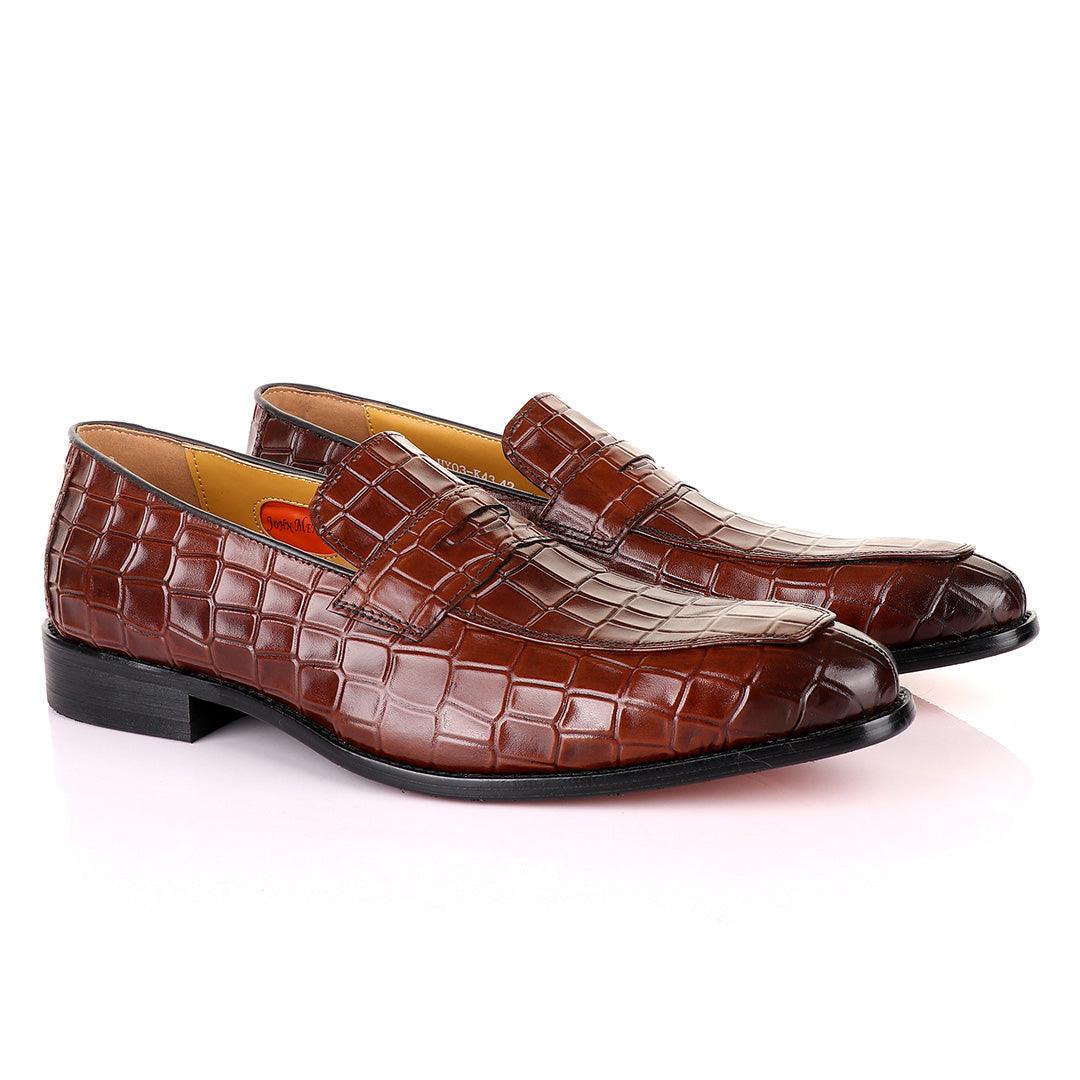 John Mendson Coffee Croc Bit Leather Loafers - Obeezi