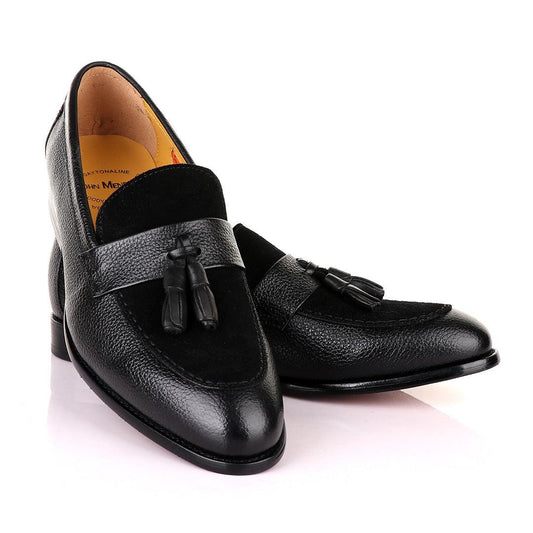 John Mendson Crafted Black and Suede tassel Loafers Shoe - Obeezi