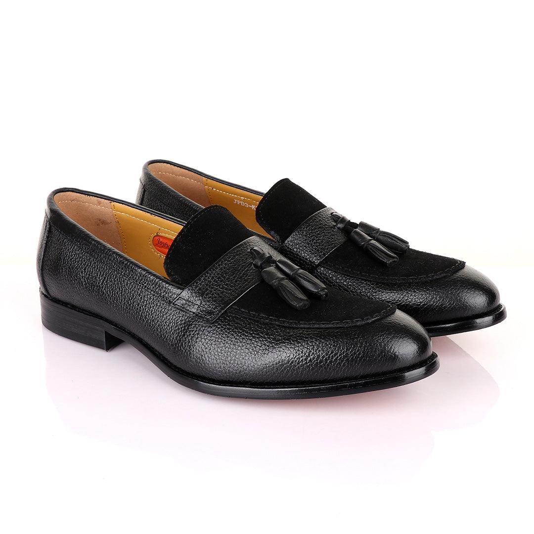 John Mendson Crafted Black and Suede tassel Loafers Shoe - Obeezi