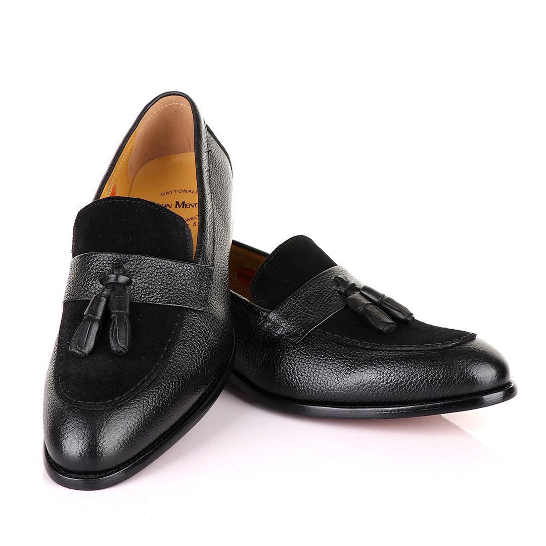 John Mendson Crafted Black and Suede tassel Loafers Shoe - Obeezi
