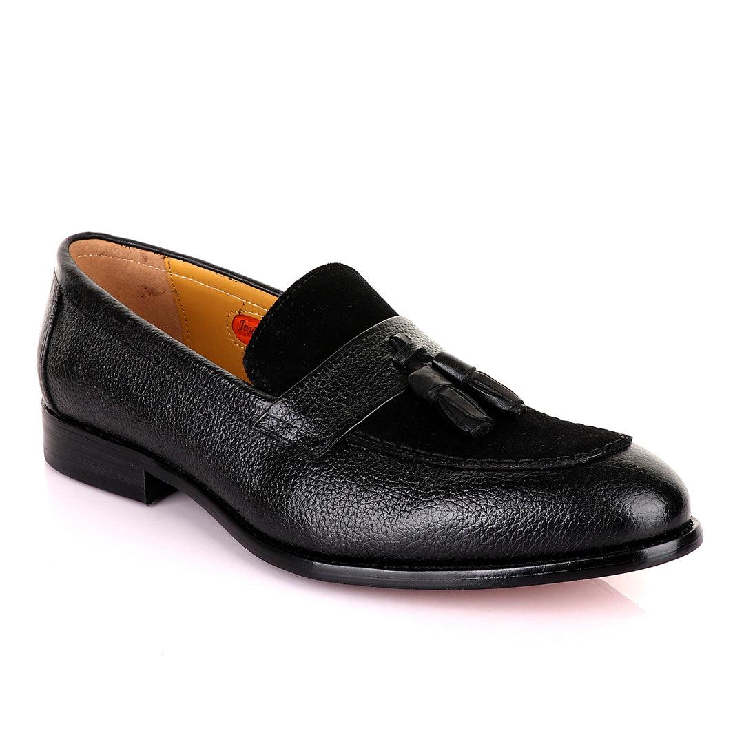 John Mendson Crafted Black and Suede tassel Loafers Shoe - Obeezi