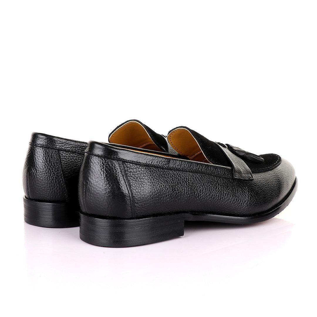 John Mendson Crafted Black and Suede tassel Loafers Shoe - Obeezi